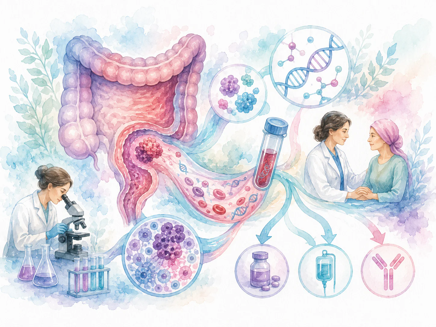 Colorectal cancer genetics and laboratory analysis illustration
