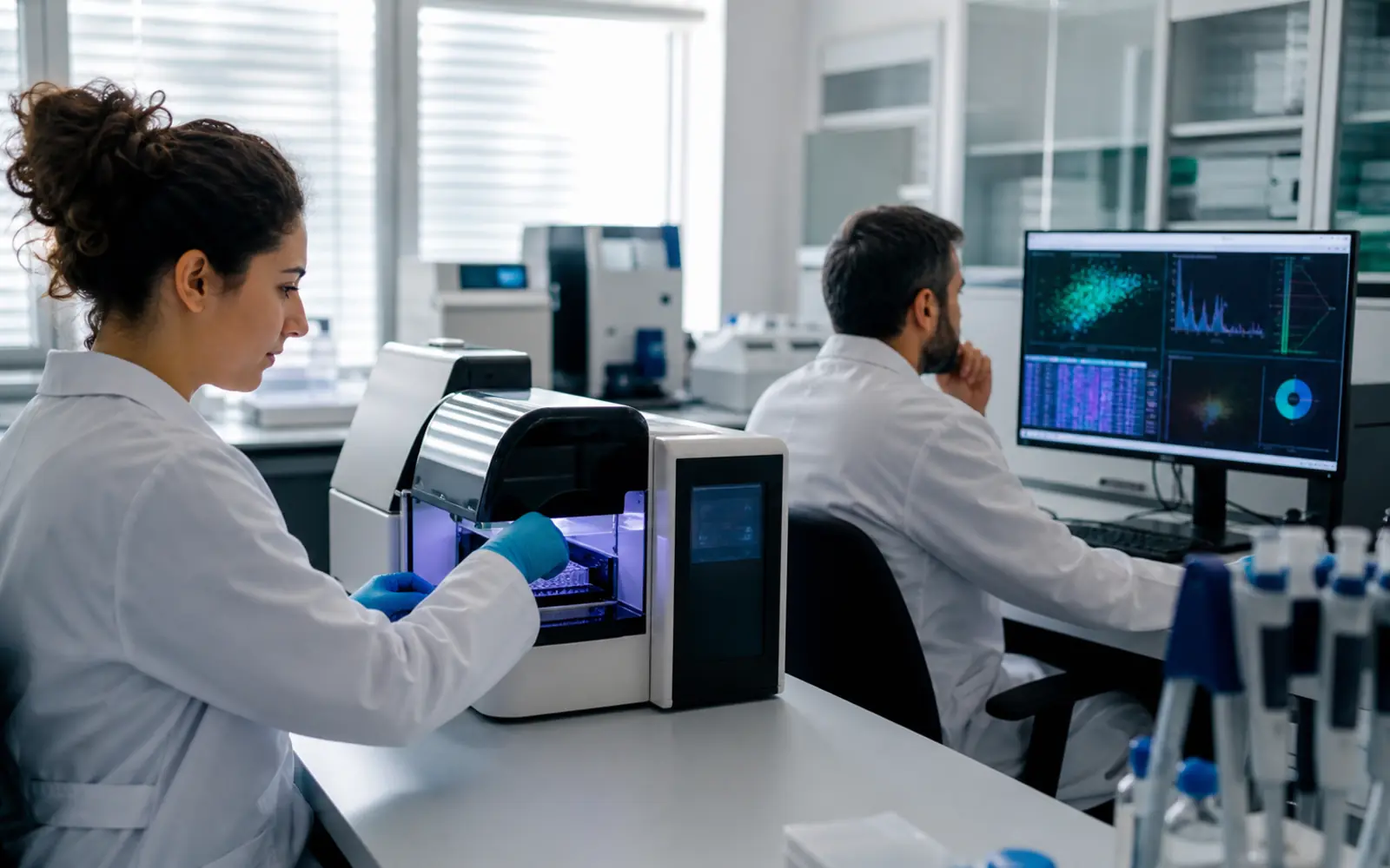 Equipo trabajando con un secuenciador para análisis de exoma clínico y NGS