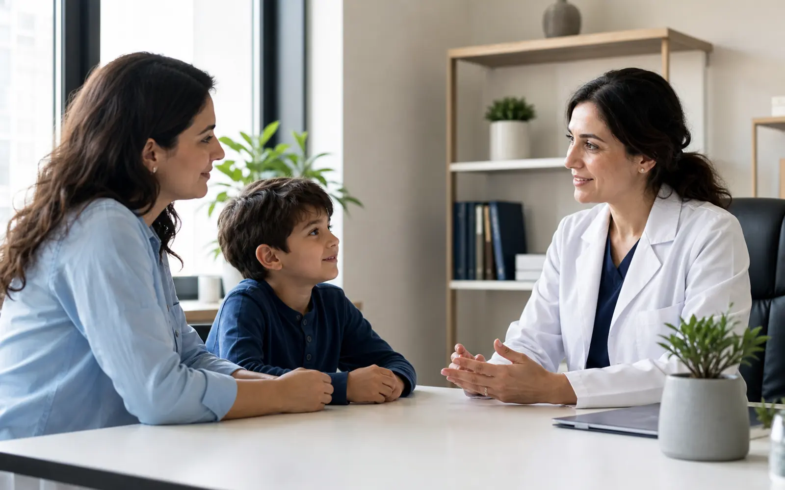 Klinik genetik uzmanıyla görüşen ebeveyn ve çocuk