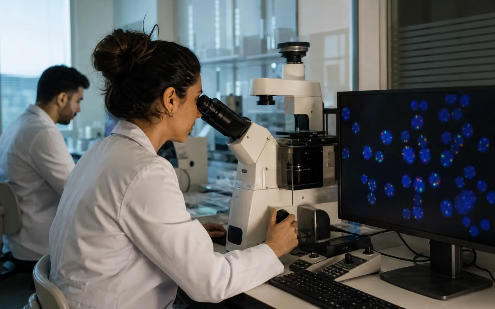 Spezialist für molekulare Zytogenetik bei der Auswertung von FISH-Fluoreszenzsignalen