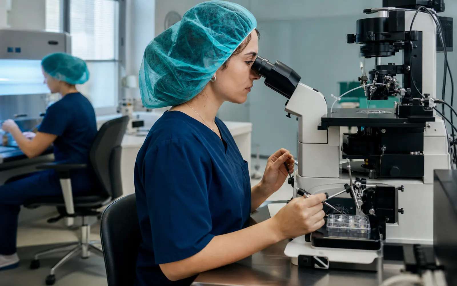 Embryologin am Mikromanipulationsmikroskop während eines PGT-Ablaufs